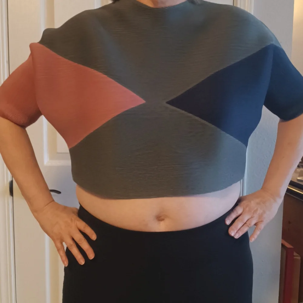 Stretch Geometric Mock Neck Short Sleeve Crop Top - Picture 2 of 5
